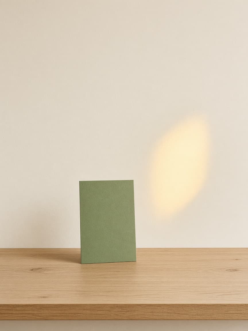 A green card standing on a pale wooden table in soft daylight.
