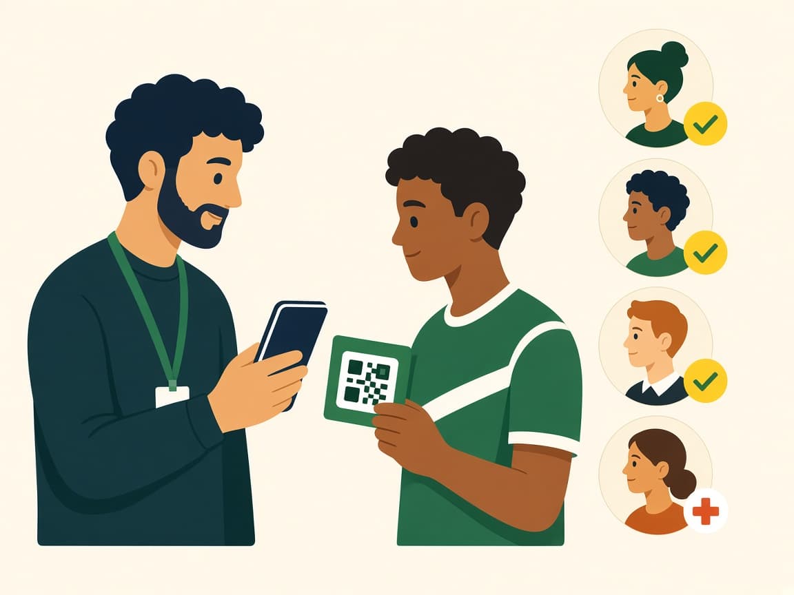A leader scanning a member's pass while a short attendance list sits beside them.